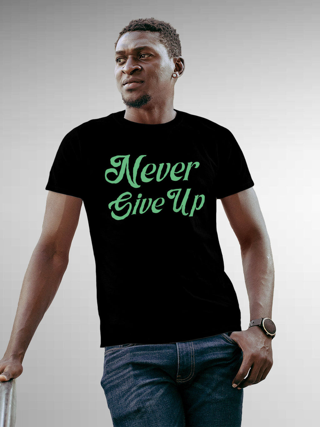 Front view of 'Never Give Up' design on Fighterhero Men's Black Round Neck T-shirt, highlighting the modern look and clean finish