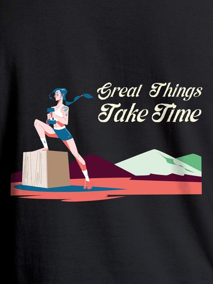 Close up of 'Great Things Take Time' design on Men's Dark Grey Round Neck T-shirt, highlighting intricate details and vibrant print.