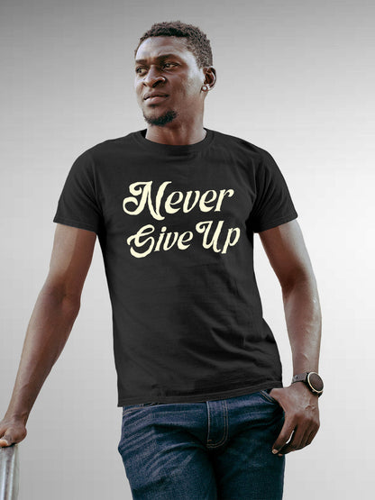 Front view of 'Never Give Up' design on Fighterhero Men's Dark Grey Round Neck T-shirt, highlighting the modern look and clean finish