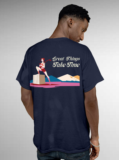 Model wearing Men's Navy Blue Round Neck T-shirt with 'Great Things Take Time' design, offering effortless style and premium comfort