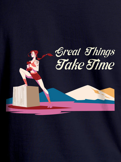 Close up of 'Great Things Take Time' design on Men's Navy Blue Round Neck T-shirt, highlighting intricate details and vibrant print.