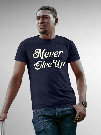 Front view of 'Never Give Up' design on Fighterhero Men's Navy Blue Round Neck T-shirt, highlighting the modern look and clean finish