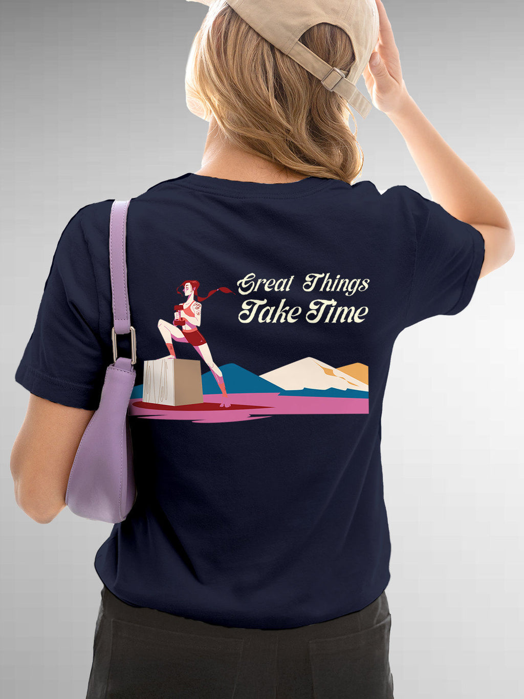 Model wearing Women's Navy Blue Round Neck T-shirt with 'Great Things Take Time' design, offering effortless style and premium comfort