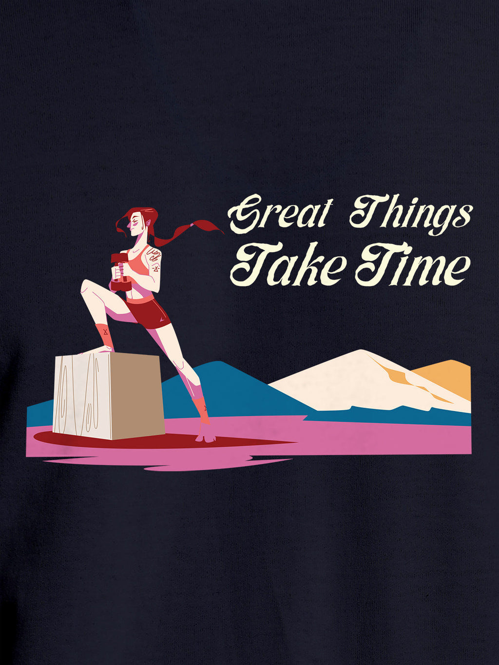Close up of 'Great Things Take Time' design on Women's Navy Blue Round Neck T-shirt, highlighting intricate details and vibrant print.