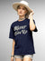Front view of 'Never Give Up' design on Fighterhero Women's Navy Blue Round Neck T-shirt, highlighting the modern look and clean finish