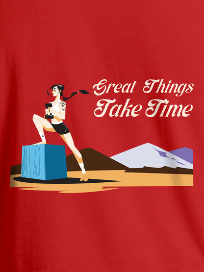 Close up of 'Great Things Take Time' design on Men's Red Round Neck T-shirt, highlighting intricate details and vibrant print.