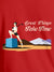 Close up of 'Great Things Take Time' design on Men's Red Round Neck T-shirt, highlighting intricate details and vibrant print.