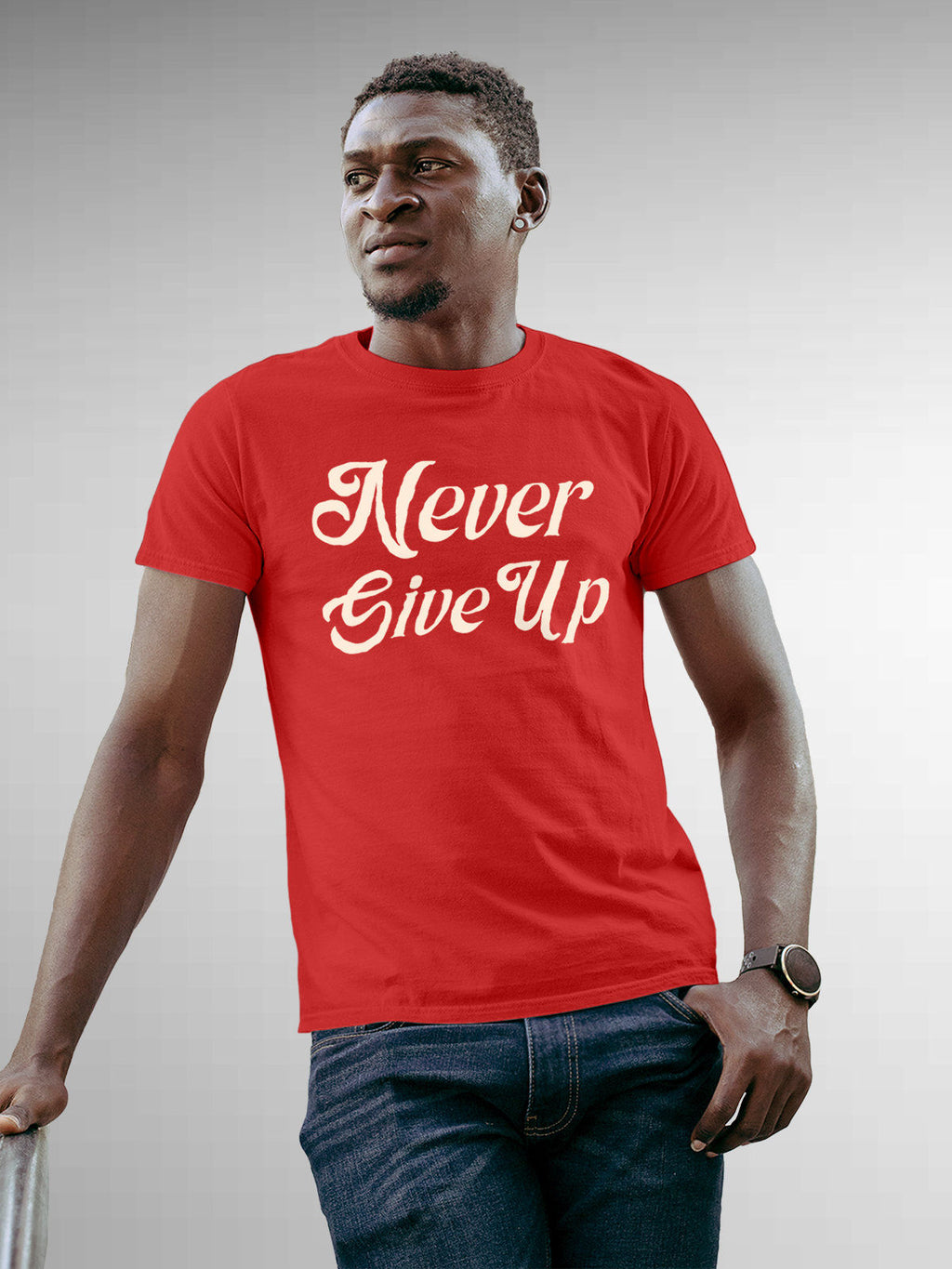 Front view of 'Never Give Up' design on Fighterhero Men's Red Round Neck T-shirt, highlighting the modern look and clean finish