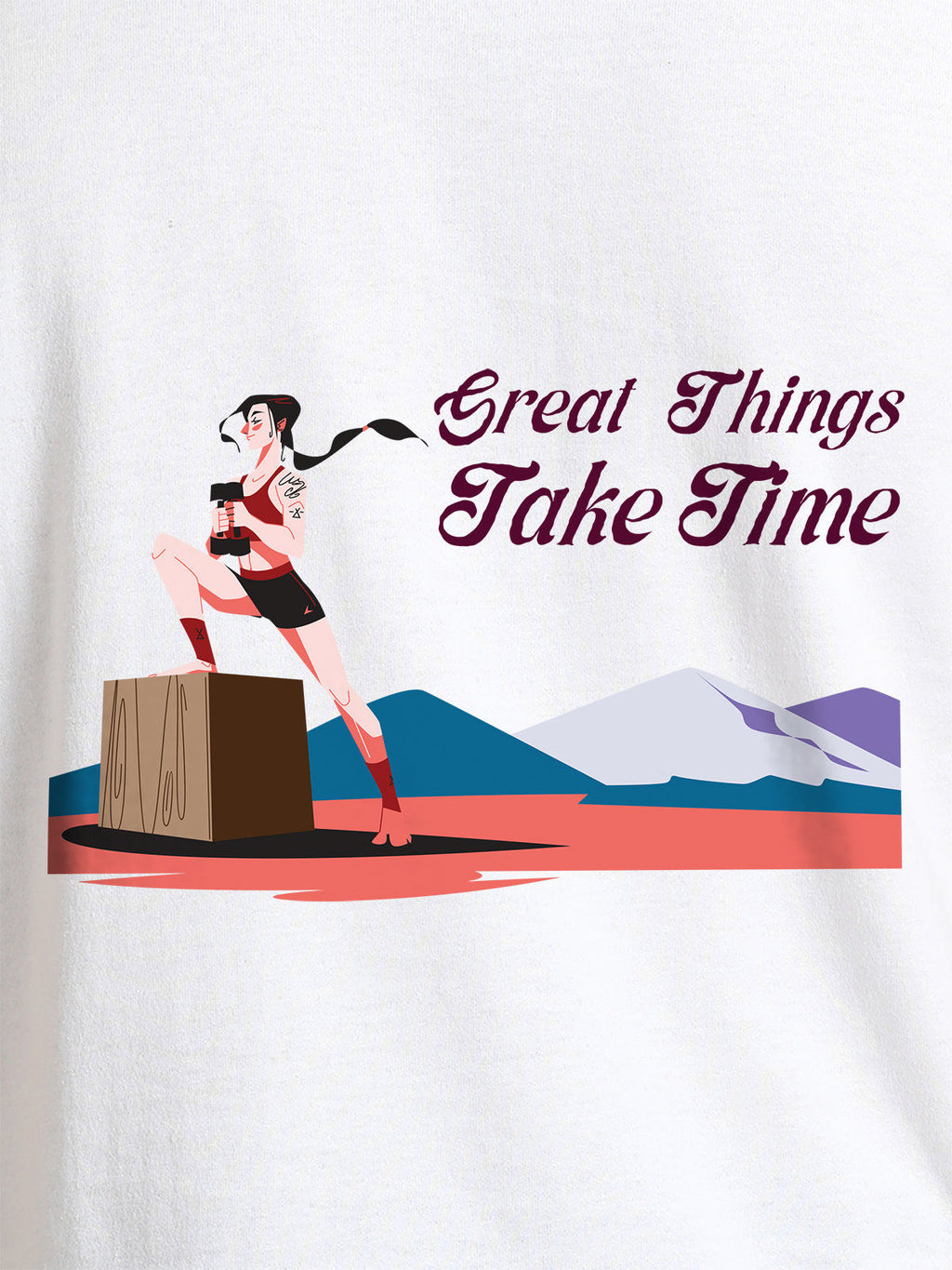 Close up of 'Great Things Take Time' design on Men's White Round Neck T-shirt, highlighting intricate details and vibrant print.