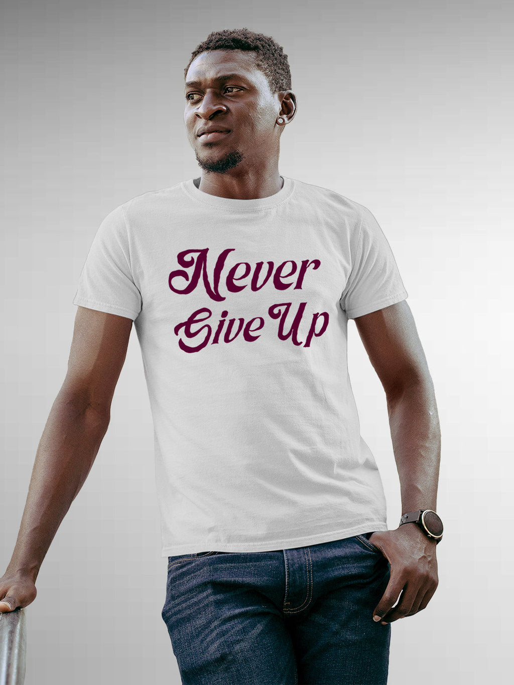 Front view of 'Never Give Up' design on Fighterhero Men's White Round Neck T-shirt, highlighting the modern look and clean finish