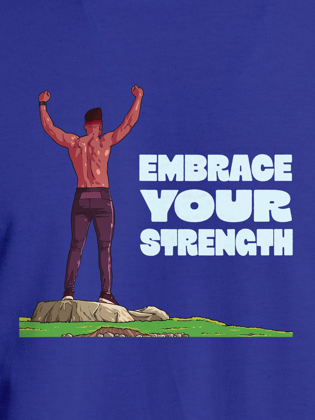 Close up of 'Embrace Your Strength' design on Men's Blue Round Neck T-shirt, highlighting intricate details and vibrant print.