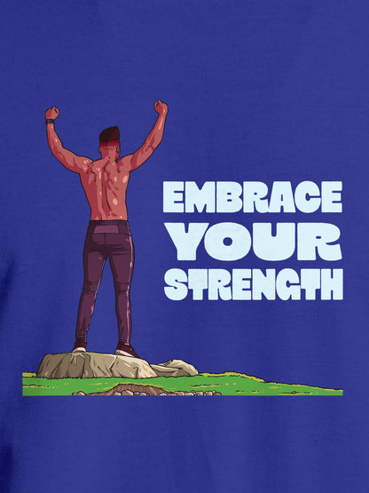 Close up of 'Embrace Your Strength' design on Men's Blue Round Neck T-shirt, highlighting intricate details and vibrant print.