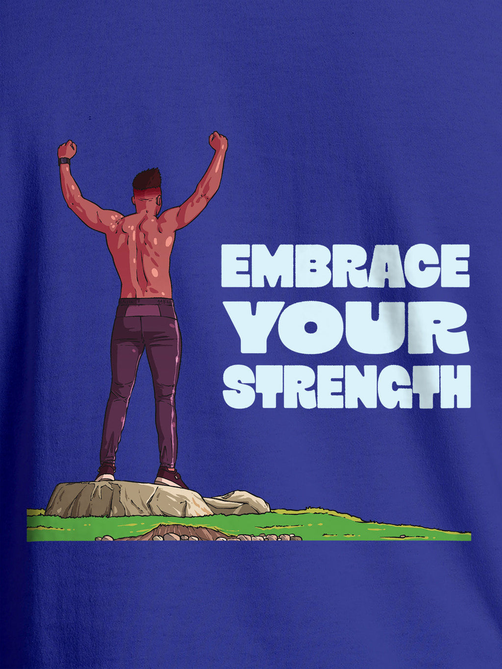 Close up of 'Embrace Your Strength' design on Women's Blue Round Neck T-shirt, highlighting intricate details and vibrant print.