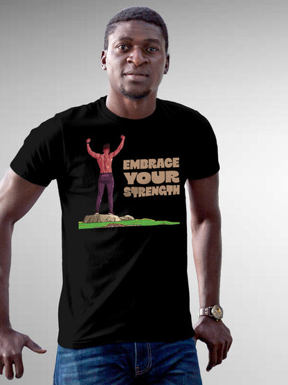 Model wearing Men's Black Round Neck T-shirt with 'Embrace Your Strength' design, offering effortless style and premium comfort