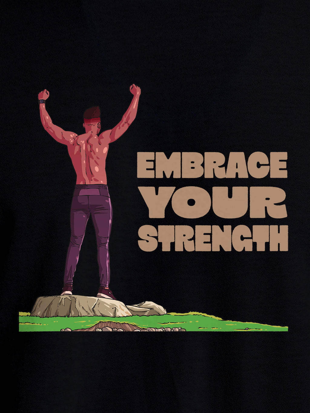 Close up of 'Embrace Your Strength' design on Men's Black Round Neck T-shirt, highlighting intricate details and vibrant print.
