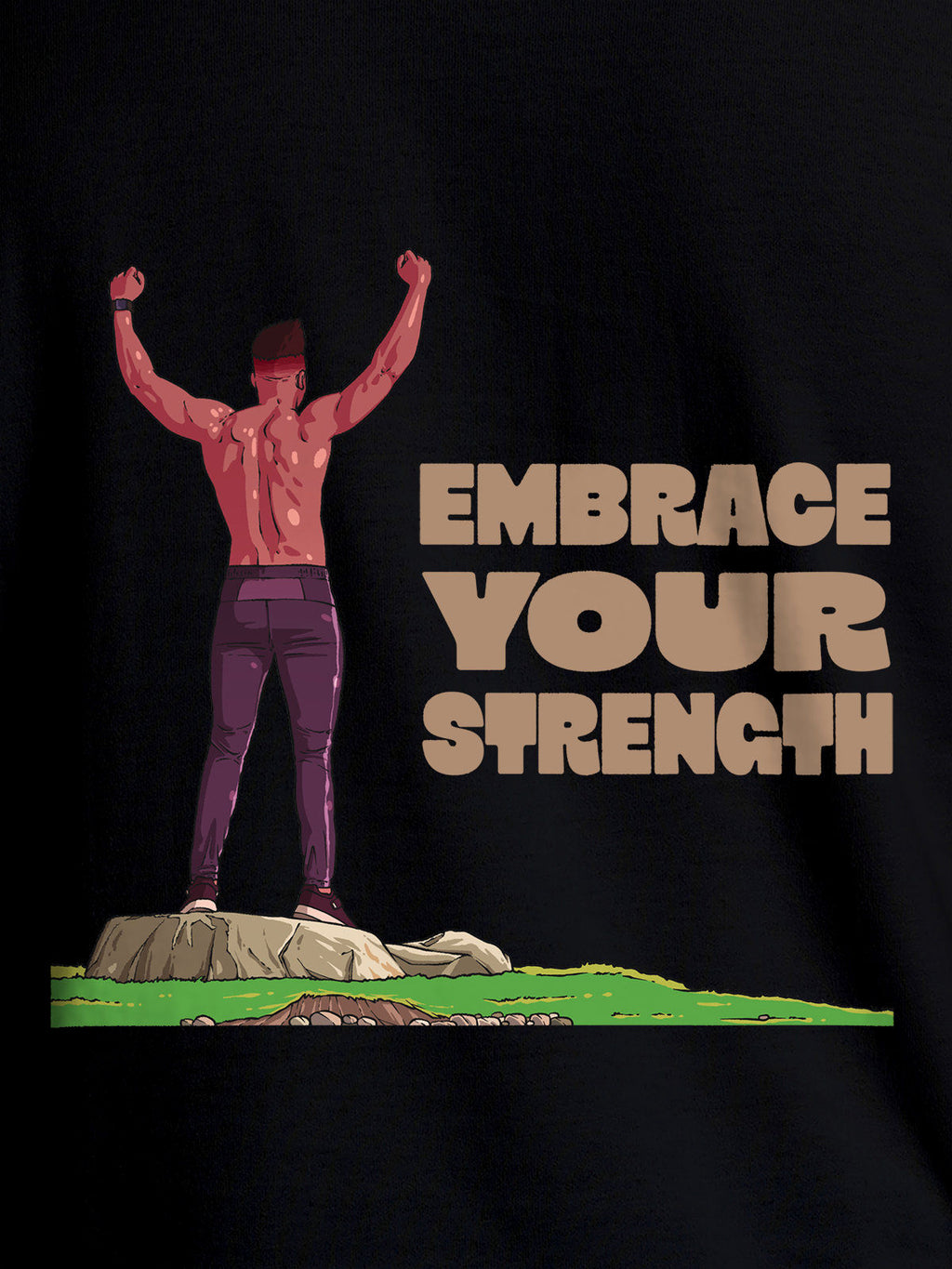 Close up of 'Embrace Your Strength' design on Women's Black Round Neck T-shirt, highlighting intricate details and vibrant print.