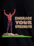 Close up of 'Embrace Your Strength' design on Women's Black Round Neck T-shirt, highlighting intricate details and vibrant print.