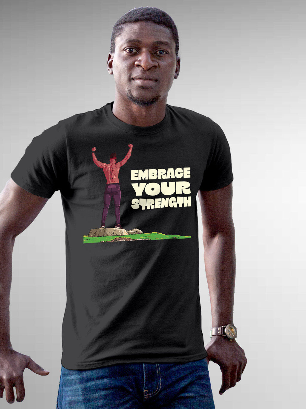 Model wearing Men's Dark Grey Round Neck T-shirt with 'Embrace Your Strength' design, offering effortless style and premium comfort