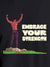 Close up of 'Embrace Your Strength' design on Men's Dark Grey Round Neck T-shirt, highlighting intricate details and vibrant print.