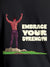 Close up of 'Embrace Your Strength' design on Women's Dark Grey Round Neck T-shirt, highlighting intricate details and vibrant print.