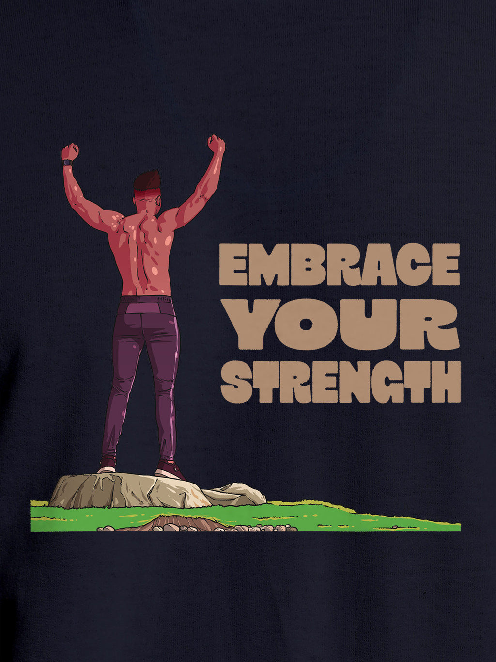 Close up of 'Embrace Your Strength' design on Men's Navy Blue Round Neck T-shirt, highlighting intricate details and vibrant print.