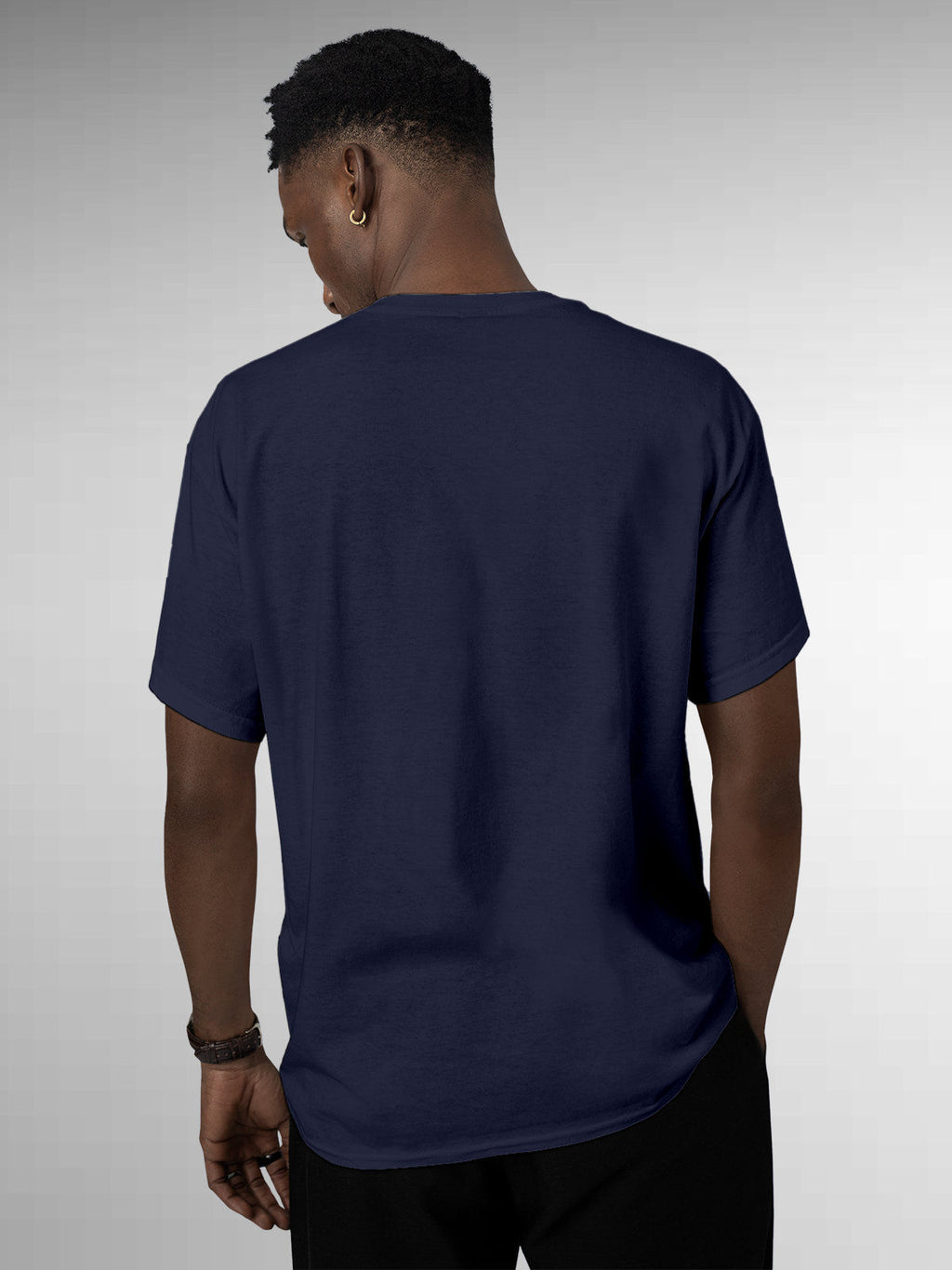 Back view of Fighterhero Men's Navy Blue Round Neck T-shirt, highlighting the modern look and clean finish