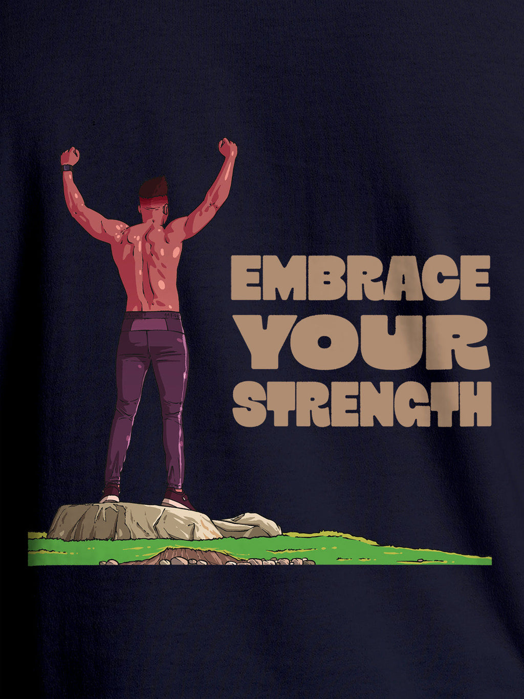 Close up of 'Embrace Your Strength' design on Women's Navy Blue Round Neck T-shirt, highlighting intricate details and vibrant print.