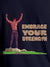 Close up of 'Embrace Your Strength' design on Women's Navy Blue Round Neck T-shirt, highlighting intricate details and vibrant print.