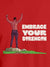 Close up of 'Embrace Your Strength' design on Men's Red Round Neck T-shirt, highlighting intricate details and vibrant print.