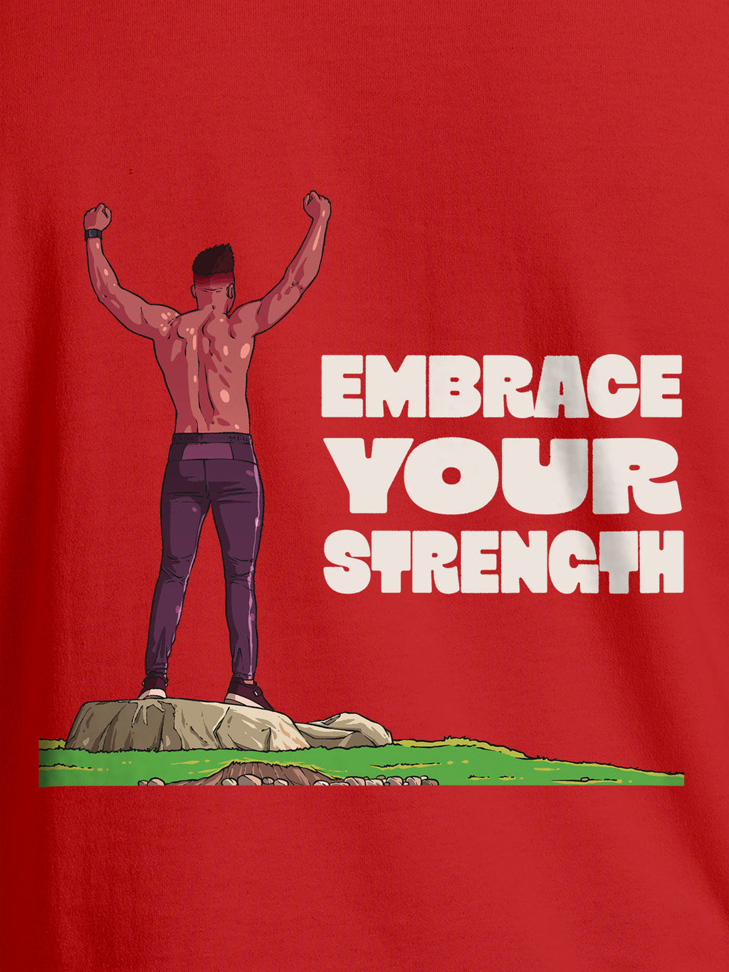 Close up of 'Embrace Your Strength' design on Women's Red Round Neck T-shirt, highlighting intricate details and vibrant print.
