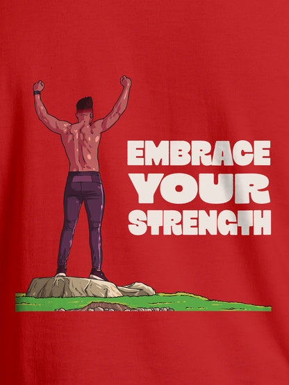 Close up of 'Embrace Your Strength' design on Women's Red Round Neck T-shirt, highlighting intricate details and vibrant print.
