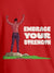 Close up of 'Embrace Your Strength' design on Women's Red Round Neck T-shirt, highlighting intricate details and vibrant print.