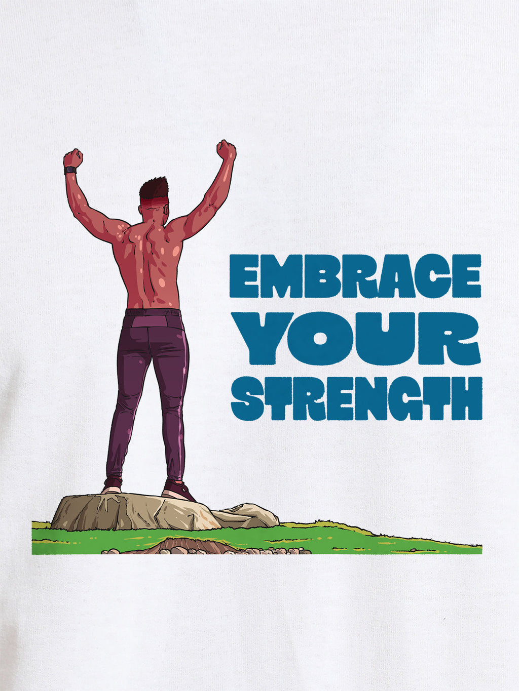 Close up of 'Embrace Your Strength' design on Men's White Round Neck T-shirt, highlighting intricate details and vibrant print.