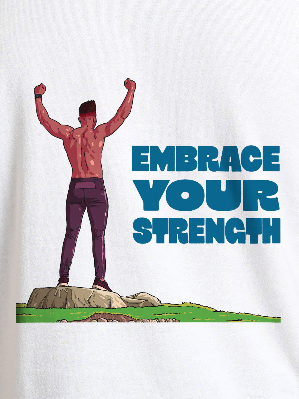 Close up of 'Embrace Your Strength' design on Women's White Round Neck T-shirt, highlighting intricate details and vibrant print.
