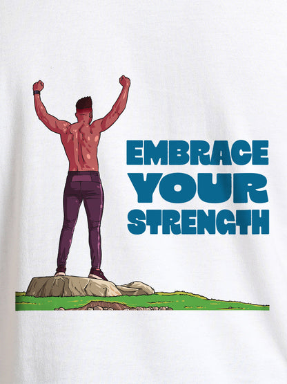 Close up of 'Embrace Your Strength' design on Women's White Round Neck T-shirt, highlighting intricate details and vibrant print.