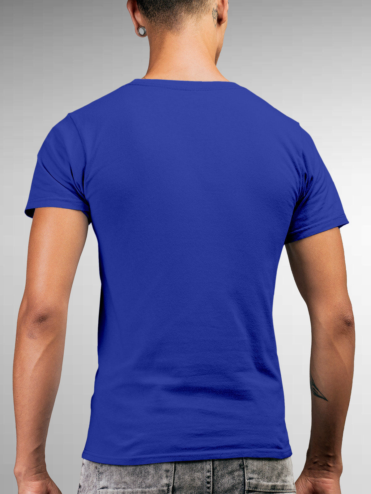 Back view of Fighterhero Men's Blue Round Neck T-shirt, highlighting the modern look and clean finish