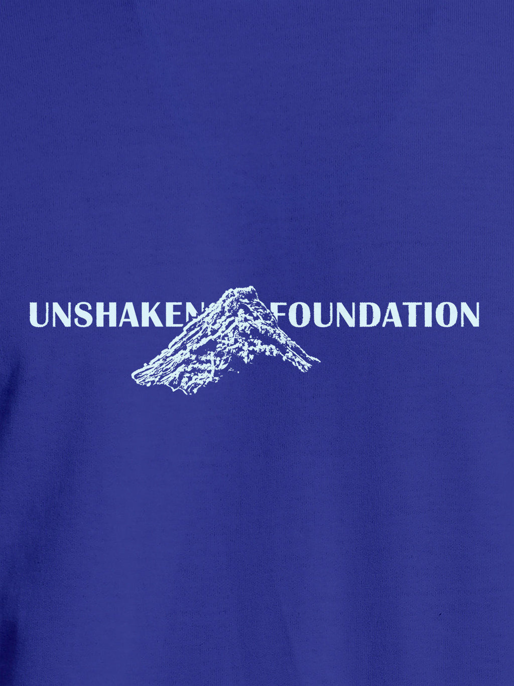 Close up of 'Unshaken Foundation' design on Women's Blue Round Neck T-shirt, highlighting intricate details and vibrant print.