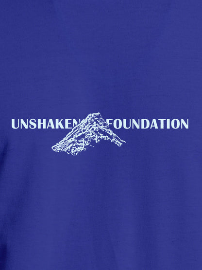 Close up of 'Unshaken Foundation' design on Women's Blue Round Neck T-shirt, highlighting intricate details and vibrant print.