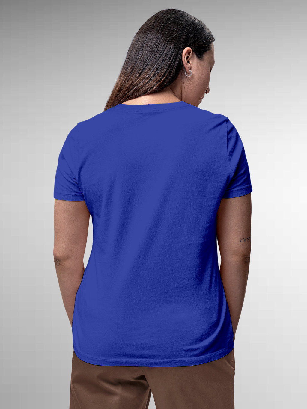 Back view of Fighterhero Women's Blue Round Neck T-shirt, highlighting the modern look and clean finish