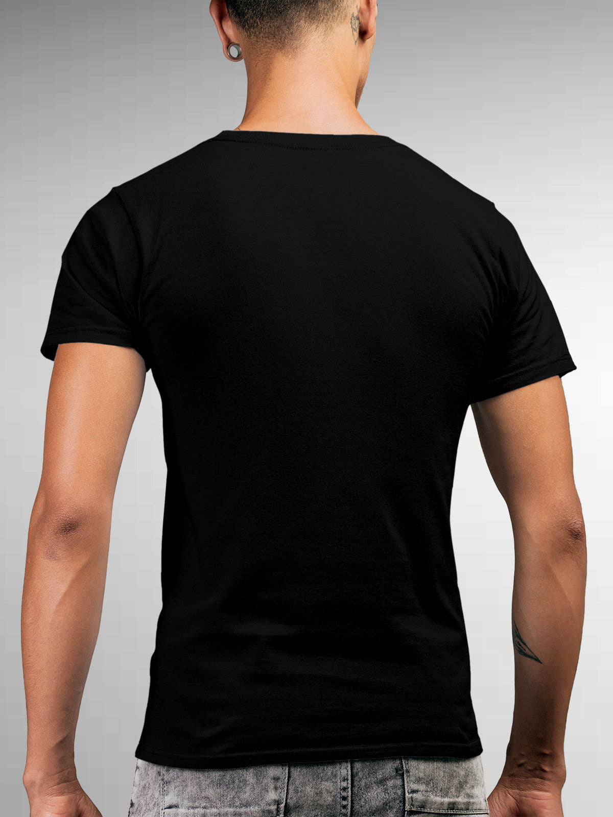 Back view of Fighterhero Men's Black Round Neck T-shirt, highlighting the modern look and clean finish