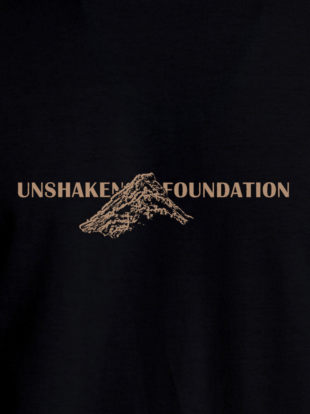 Close up of 'Unshaken Foundation' design on Women's Black Round Neck T-shirt, highlighting intricate details and vibrant print.