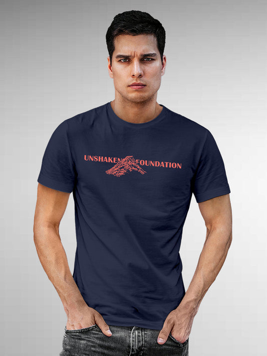 Model wearing Men's Navy Blue Round Neck T-shirt with 'Unshaken Foundation' design, offering effortless style and premium comfort