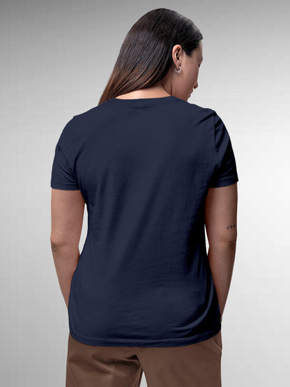 Back view of Fighterhero Women's Navy Blue Round Neck T-shirt, highlighting the modern look and clean finish