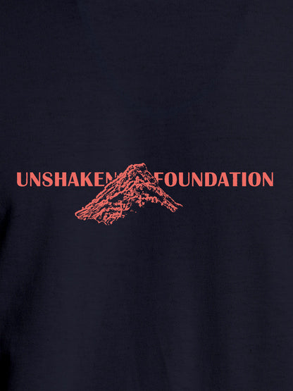 Close up of 'Unshaken Foundation' design on Women's Navy Blue Round Neck T-shirt, highlighting intricate details and vibrant print.