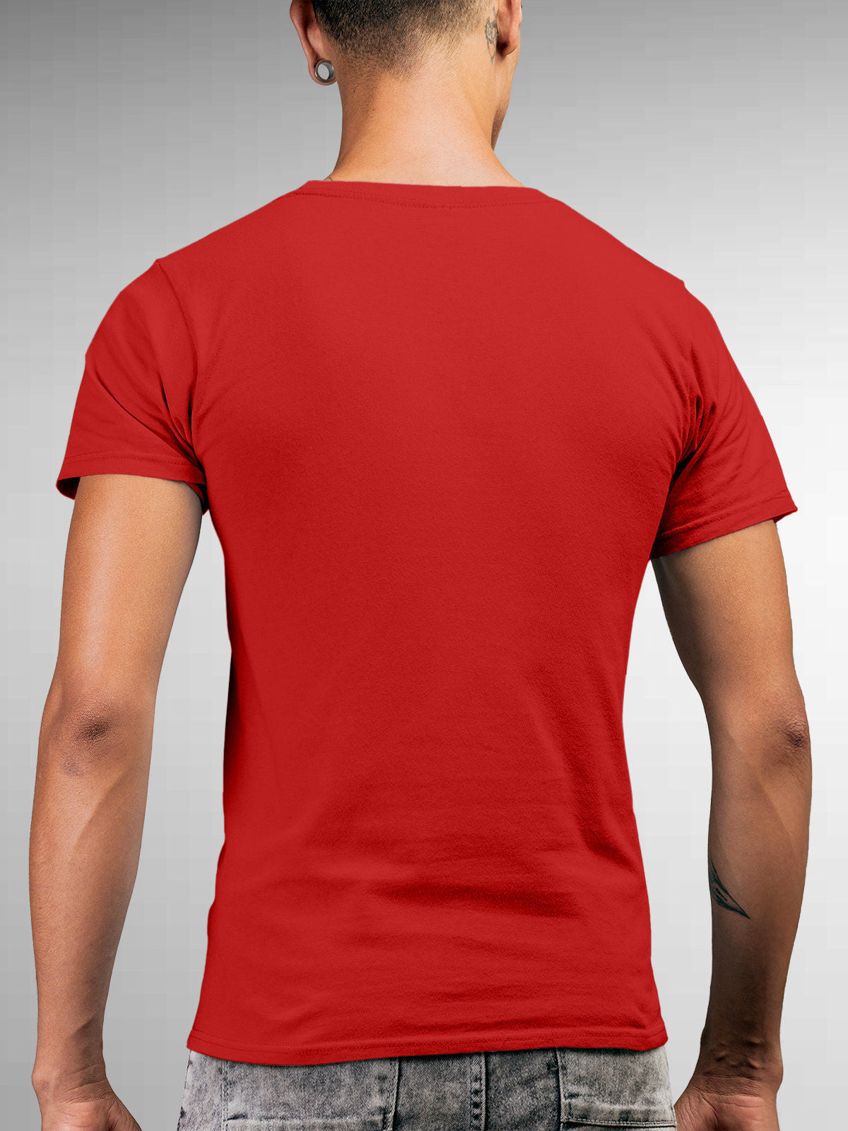 Back view of Fighterhero Men's Red Round Neck T-shirt, highlighting the modern look and clean finish