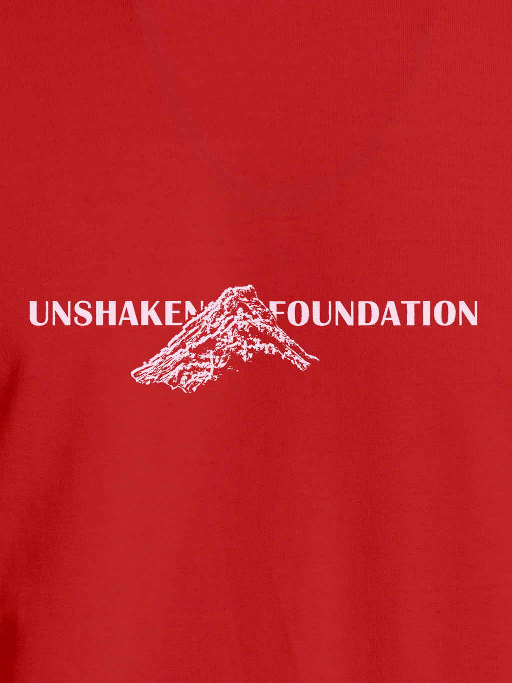 Close up of 'Unshaken Foundation' design on Women's Red Round Neck T-shirt, highlighting intricate details and vibrant print.