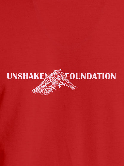 Close up of 'Unshaken Foundation' design on Women's Red Round Neck T-shirt, highlighting intricate details and vibrant print.