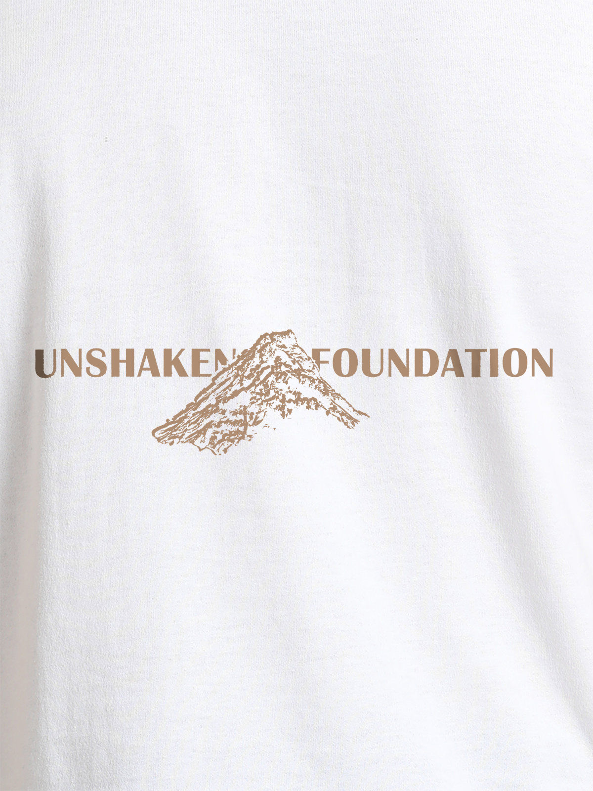 Close up of 'Unshaken Foundation' design on Men's White Round Neck T-shirt, highlighting intricate details and vibrant print.