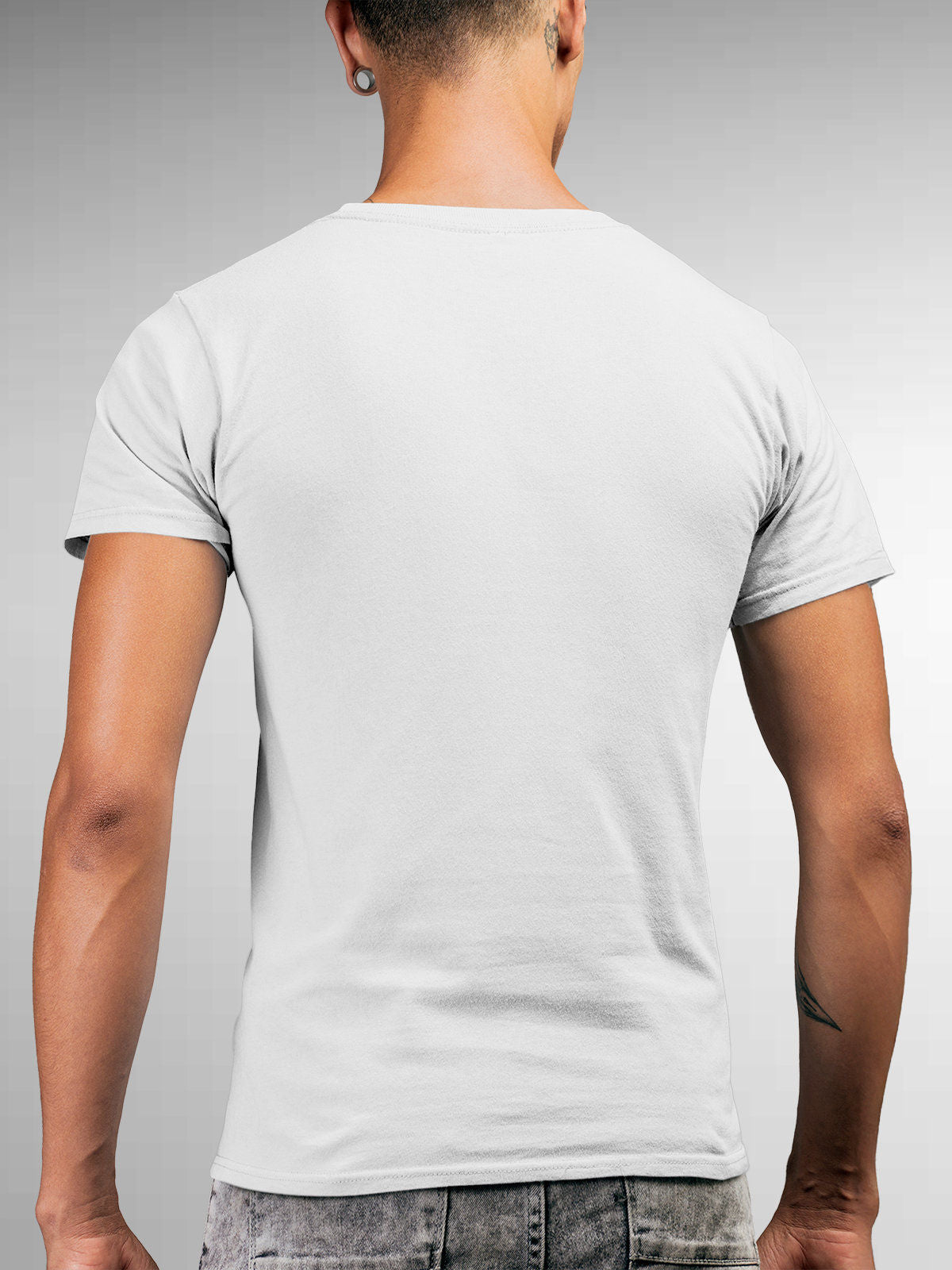 Back view of Fighterhero Men's White Round Neck T-shirt, highlighting the modern look and clean finish