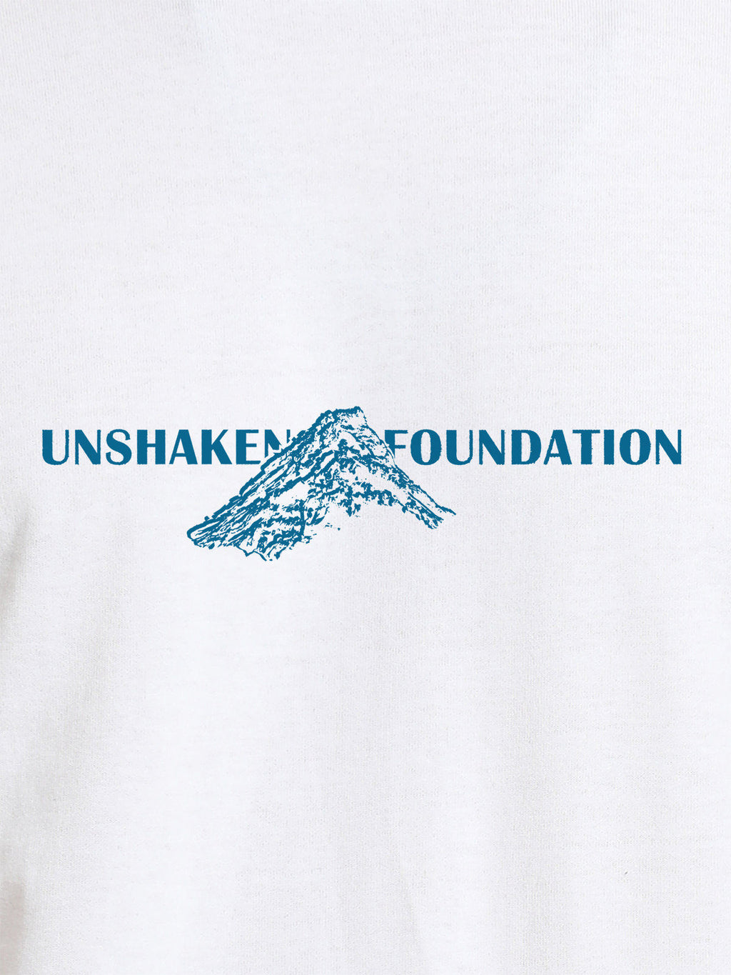 Close up of 'Unshaken Foundation' design on Women's White Round Neck T-shirt, highlighting intricate details and vibrant print.